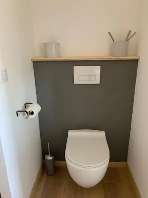 a bathroom with a white toilet with a shelf above it at Appartement les pieds dans l'eau in Solaro