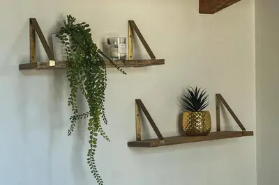 a wall with three wooden shelves with plants on it at Charmant T2 au Cœur d'Ajaccio - Parking & AC in Ajaccio