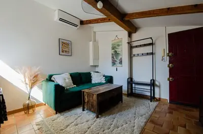 a living room with a green couch and a coffee table at Charmant T2 au Cœur d'Ajaccio - Parking & AC in Ajaccio