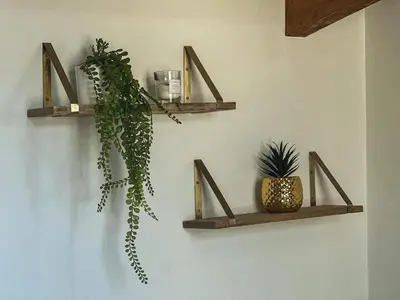 a wall with three wooden shelves with plants on it at Charmant T2 au Cœur d'Ajaccio - Parking & AC in Ajaccio
