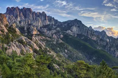 a view of a mountain range with trees in the foreground at Appartement rénové tout confort 10mn de Campomoro in Grossa