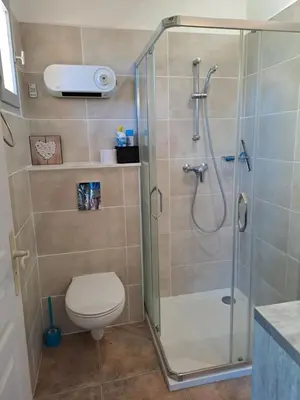 a bathroom with a shower and a toilet at Villa Cutalello coté montagne Calenzana in Calenzana