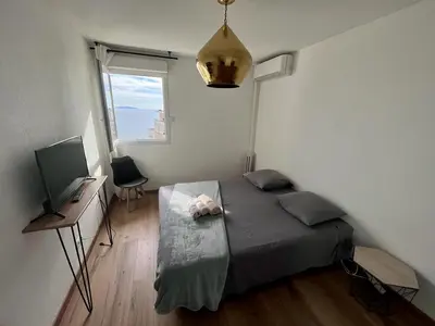 a bedroom with a bed and a desk and a television at CAPO FENO AJACCIO in Ajaccio