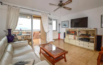a living room with a couch and a tv and a table at Cozy Apartment In Ajaccio With Wifi in Ajaccio