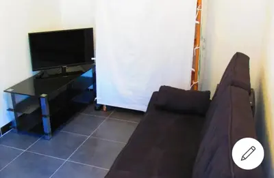 a living room with a couch and a television at F1 calme et proche des plages in Coti-Chiavari