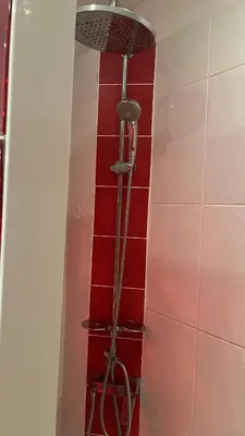a shower in a bathroom with red tiles at Un Havre de Paix aux Sanguinaires in Ajaccio