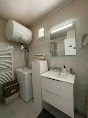 a small bathroom with a sink and a refrigerator at Appartement cosy, vue mer à 5 min à pied de la mer in Grosseto-Prugna