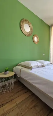 a bedroom with a bed and a green wall at T2 vue mer - entre aéroport et centre-ville in Ajaccio