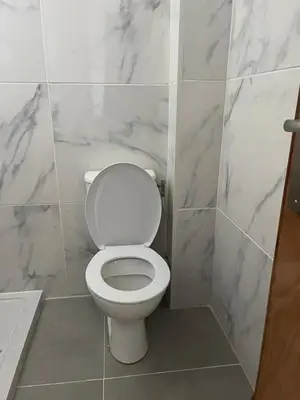 a white toilet in a bathroom with marble walls at T2 vue mer - entre aéroport et centre-ville in Ajaccio