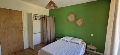 a green bedroom with a bed and a green wall at T2 vue mer - entre aéroport et centre-ville in Ajaccio
