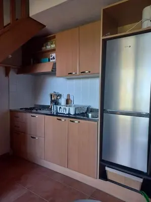 a kitchen with wooden cabinets and a stainless steel refrigerator at Appartement de vacances Marine de Bravone - Corse in Linguizzetta