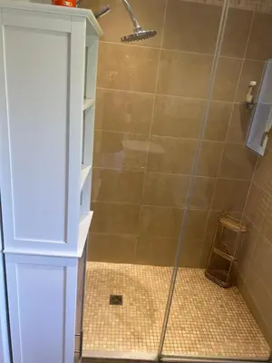 a shower with a glass door in a bathroom at Entre Mer et Montagne in Venzolasca