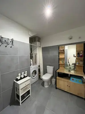 a bathroom with a toilet and a washing machine at Studio centre village in Bocognano