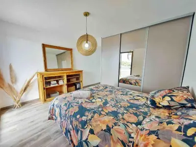 a bedroom with a bed and a mirror at Charmant T3 à Porticcio in Porticcio