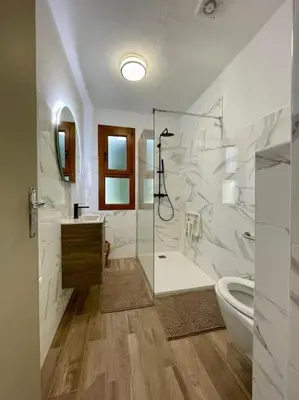 a white bathroom with a shower and a toilet at Maison en bord de mer in Coggia