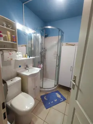 a bathroom with a shower and a toilet and a sink at A 5 mn à pied de la mer, piscine ,tennis, paillote in Cervione