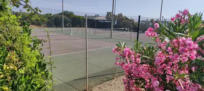 a couple of tennis courts with pink flowers at A 5 mn à pied de la mer, piscine ,tennis, paillote in Cervione