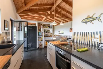 a kitchen with a large island with a fish on the wall at Villa Valle di Corte - Avec piscine et vue mer in Pianottoli-Caldarello