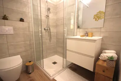 a bathroom with a shower and a toilet and a sink at Studio grande piscine dans résidence hôtelière, proche plage in Lecci