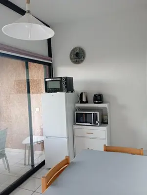 a kitchen with a white refrigerator and a microwave at Grand studio les pieds dans l'eau in San-Nicolao