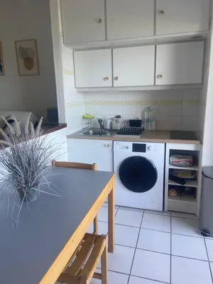 a kitchen with a washing machine and a table at Grand studio les pieds dans l'eau in San-Nicolao