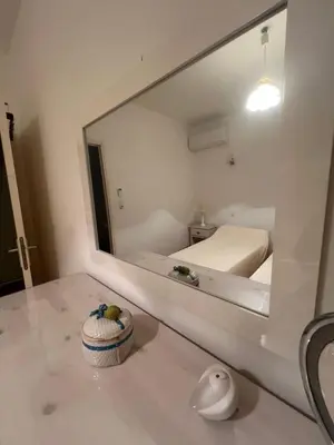 a mirror in a room with a bed and a sink at Résidence LO MONACO Haut de villa, Appartements et Studios in San-Nicolao