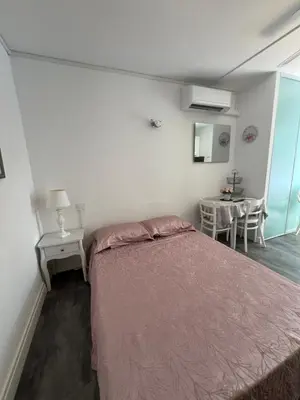 a bedroom with a bed and a table and a mirror at Résidence LO MONACO Haut de villa, Appartements et Studios in San-Nicolao