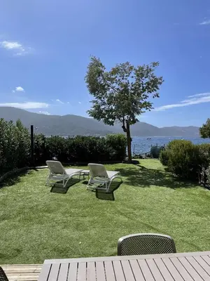 two chairs and a table and a tree in the grass at Accès mer, appartement 2-4 pers sur plage in Casaglione
