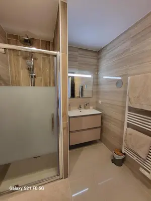 a bathroom with a shower and a sink and a mirror at Appartement de standing bord de mer in Pietrosella