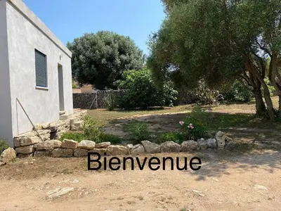 a yard with a stone wall next to a building at La Détente in Bonifacio
