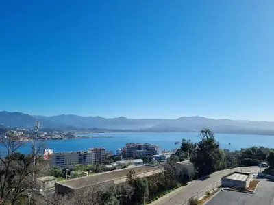 a view of a body of water with a city at Appartement terrasse spacieuse, vue mer & clim in Ajaccio