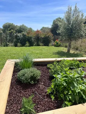a garden with a wooden deck and plants at La poudrière in Figari