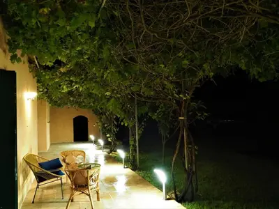 a patio with chairs and a tree at night at MAMMONA in Bonifacio