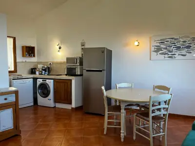 a kitchen with a table and a refrigerator at Gîtes la fontaine corse vue panoramique in Loreto-di-Casinca