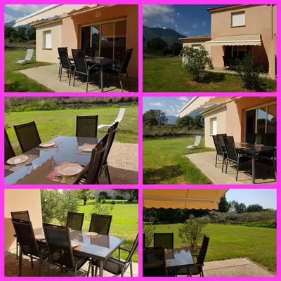 a collage of pictures of a table and chairs at VILLA MARYSABEL , maison T4 duplex, résidence villa de melody avec 2 piscines, mer à 500 m in Santa-Maria-Poggio