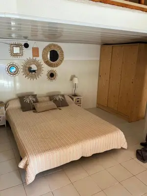 a bedroom with a large bed and mirrors on the wall at Studio Olmeto in Olmeto