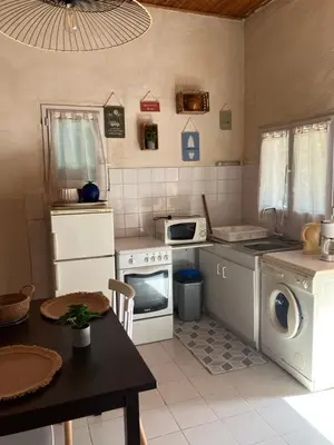a kitchen with a stove and a sink and a table at Studio Olmeto in Olmeto