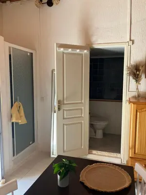 a bathroom with a door leading to a toilet at Studio Olmeto in Olmeto
