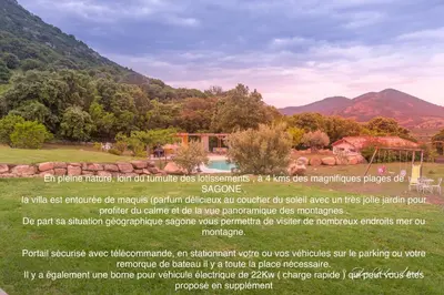 a poster of a house with mountains in the background at Grande villa de standing avec piscine à Sagone en Corse in Sagone