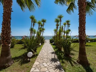 a pathway with palm trees and the ocean in the background at Vacances en Corse in San-Nicolao