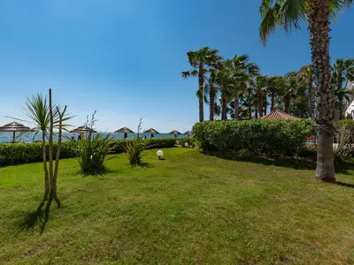 a park with palm trees and a field of grass at Vacances en Corse in San-Nicolao
