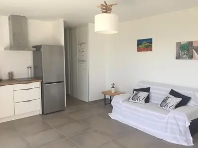 a kitchen with a stainless steel refrigerator in a room at Charmant T2 en rez de villa, neuf, tout équipé, indépendant avec jardin attenant in Afa