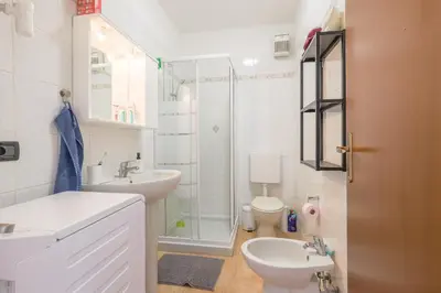 a bathroom with a shower and a sink and a toilet at La Marine de Bravone in Linguizzetta