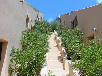 a stairway between two buildings with potted plants at Studio Residence Cabanaccia Studio 35m² by Interhome in Serriera