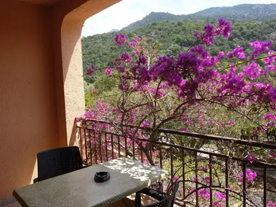 a table and chairs on a balcony with purple flowers at Studio Residence Cabanaccia Studio 35m² by Interhome in Serriera