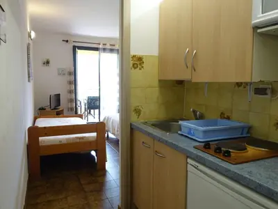 a kitchen with a sink and a room with a bed at Studio Residence Cabanaccia Studio 35m² by Interhome in Serriera
