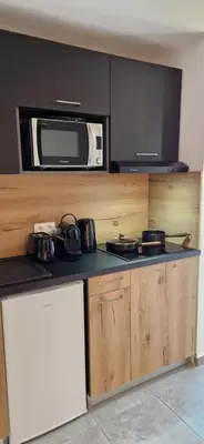 a kitchen with a counter top with a microwave at Appartement T2 en Corse dans résidence avec piscines proche de Porto Vecchio in Lecci