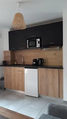 a kitchen with a counter top with a microwave at Appartement T2 en Corse dans résidence avec piscines proche de Porto Vecchio in Lecci
