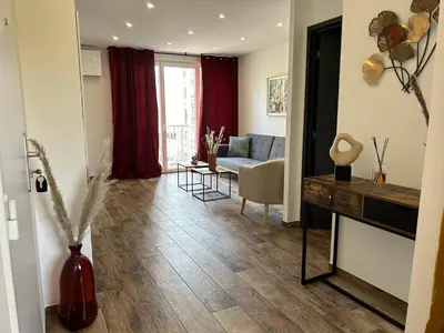 a living room with a couch and a fireplace at Très bel appartement à Ajaccio in Ajaccio
