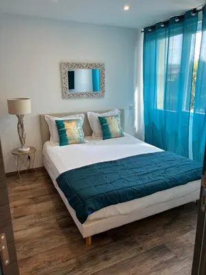 a bedroom with a bed with blue curtains and a mirror at Très bel appartement à Ajaccio in Ajaccio